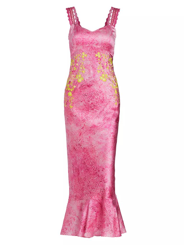 Saloni Mimi-C Embroidered Silk Satin Slipdress