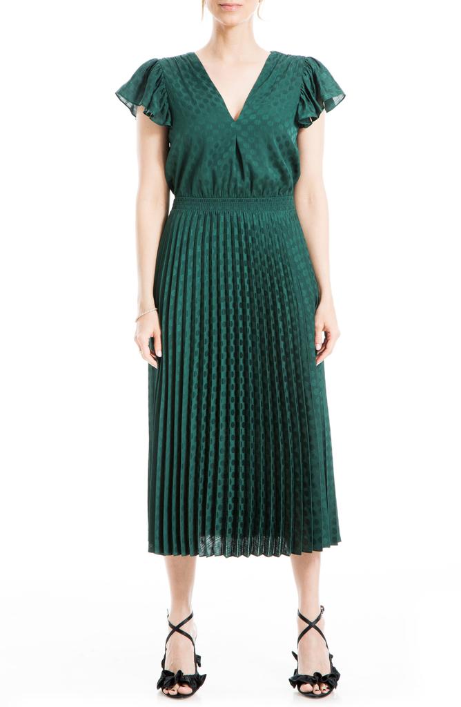 MAX STUDIO Polka Dot Pleated Satin Midi Dress