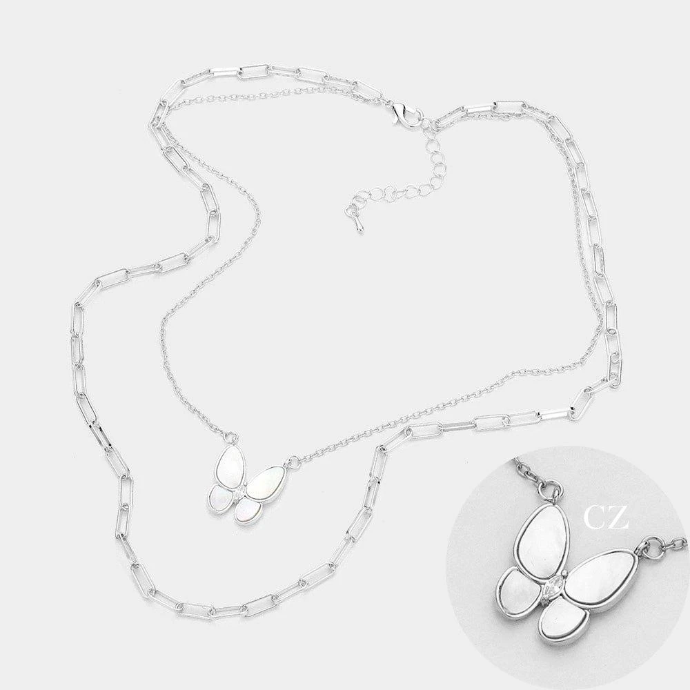 FASHNZFAB Mother Of Pearl Butterfly Pendant Double Layered Necklace 2