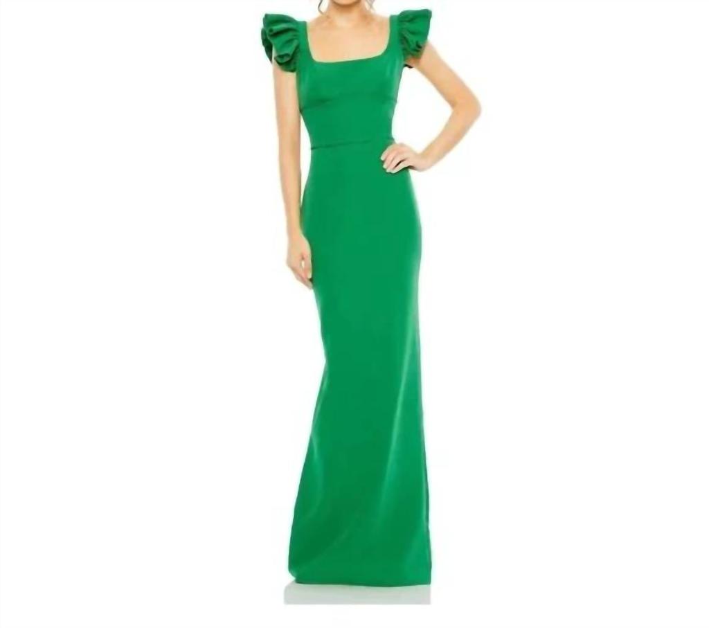 Ieena for Mac Duggal Ruffle Cap Sleeve Open Back Column Gown Dress In Green