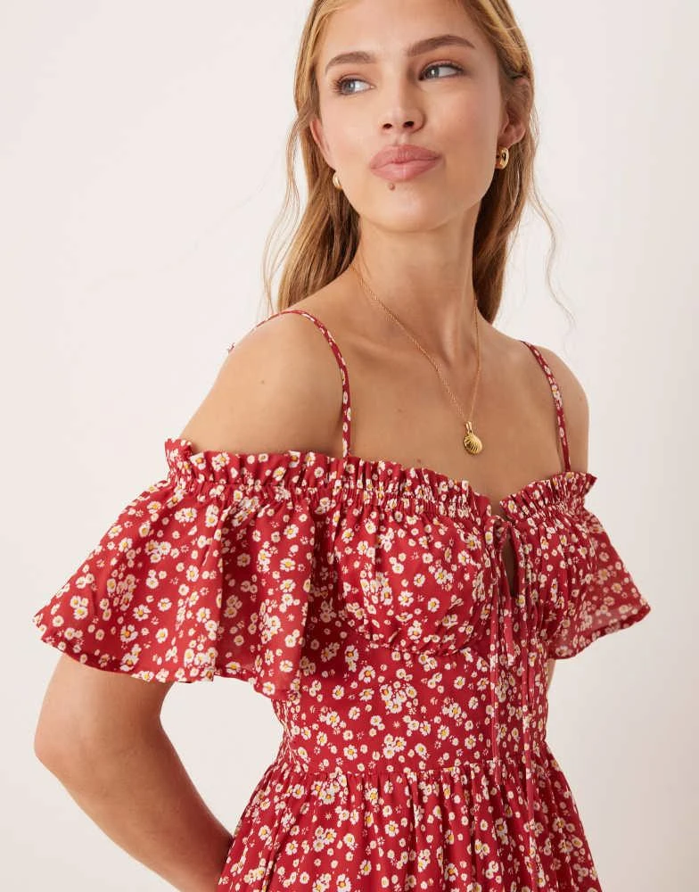 Kiss The Sky Kiss The Sky off-shoulder ditsy floral tiered midi dress in red 3
