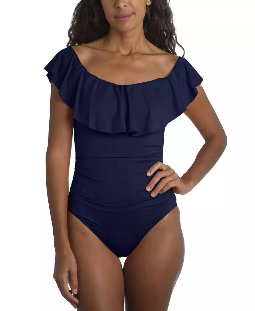 La Blanca Island Goddess Off-The-Shoulder Ruffled Tummy-Control One-Piece Swimsuit 3