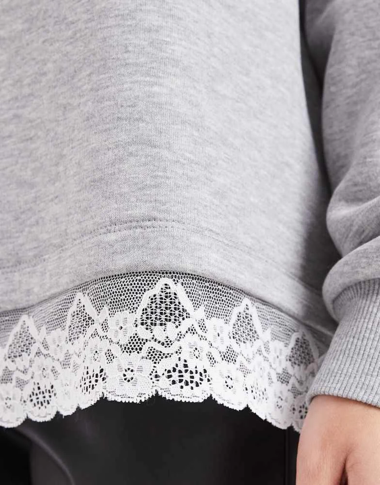 ASOS ASOS DESIGN oversized sweatshirt with lace hem detail in grey marl 4