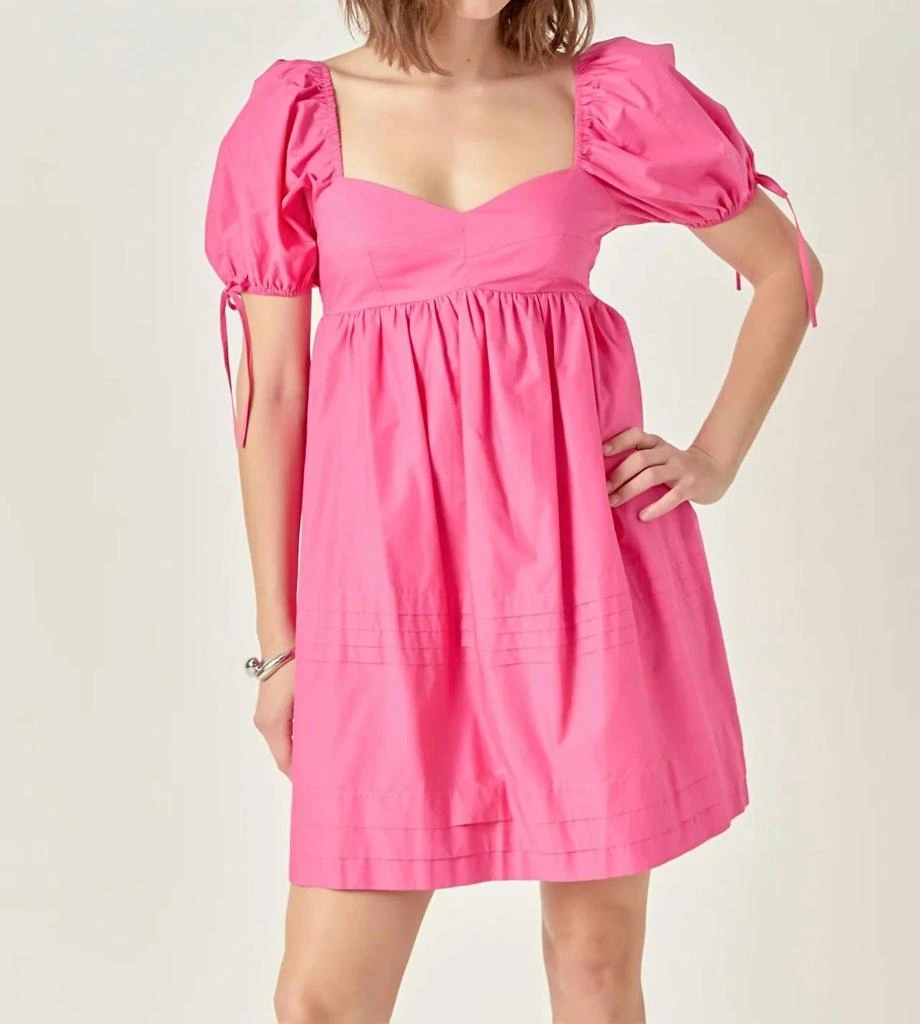 English Factory Pleat Detail Puff Sleeve Dress In Pink 1