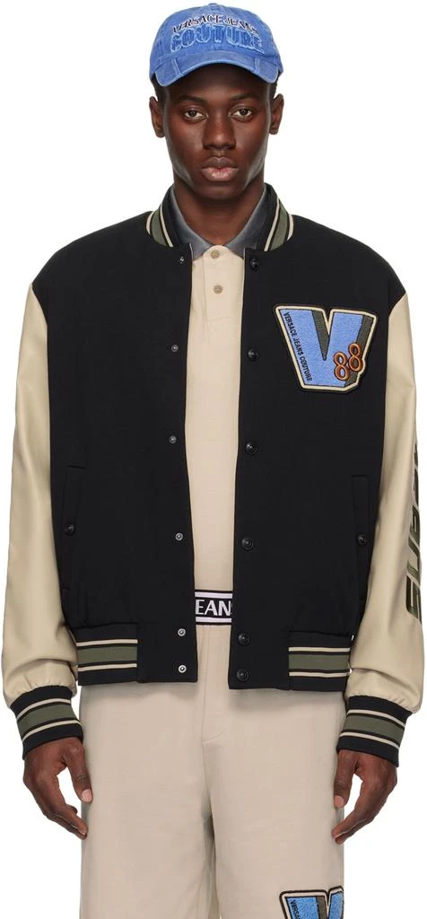 Versace Jeans Couture Black & Beige Patch Faux-Leather Bomber 