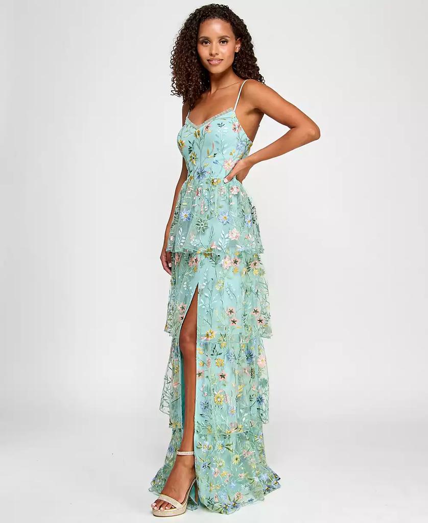 City Studios Juniors' Ruffled Embroidered Tiered Gown, Created for Macy's