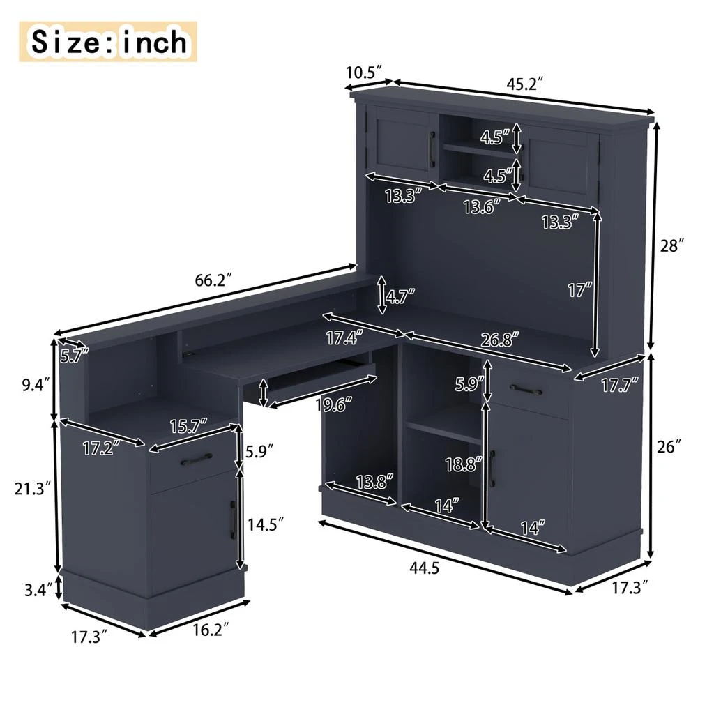 Streamdale Furniture Streamdale L-Shaped Computer Desk with Outlet, Drawers, Bookshelf, Blue 5