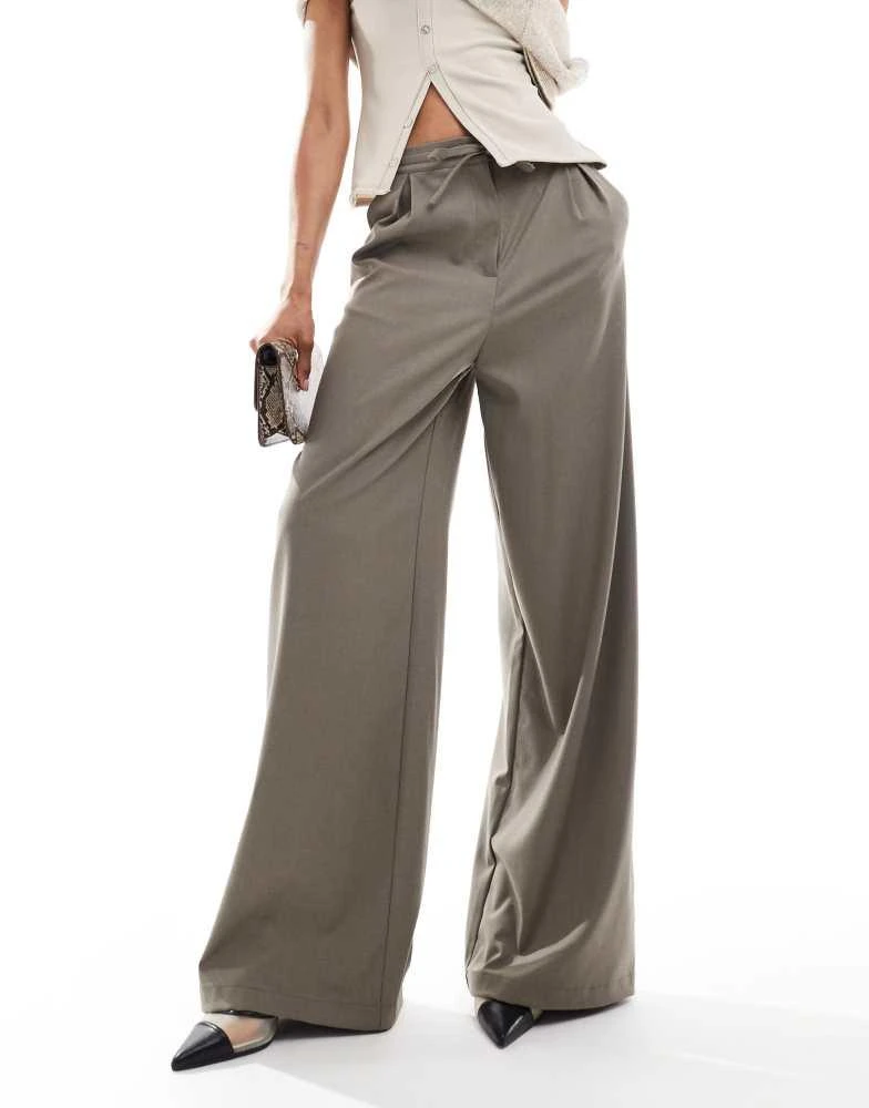 ASOS ASOS DESIGN Tall tailored tie waist wide leg trousers with pleat detail in brushed khaki 2