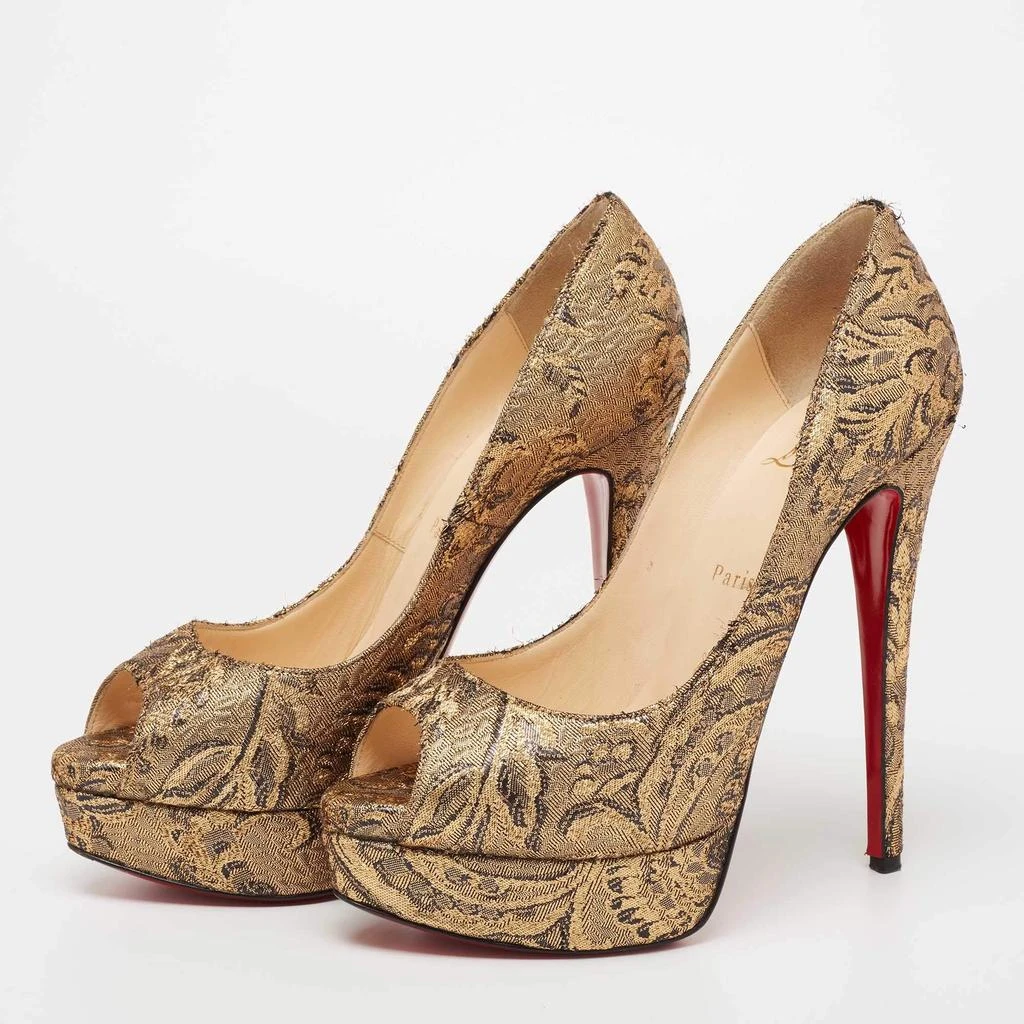 Christian Louboutin Christian Louboutin Gold Brocade Fabric Lady Peep-Toe Platform Pumps Size 38 2