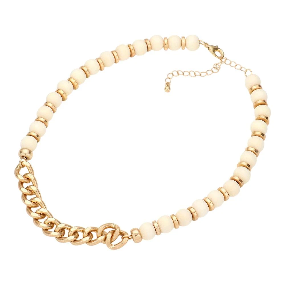 FASHNZFAB Metal Chain Link Accented Wood Necklace 2