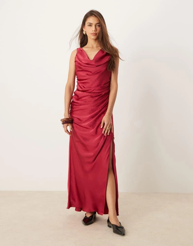 Abercrombie & Fitch Abercrombie & Fitch cowl neck draped maxi dress in dark pink 1