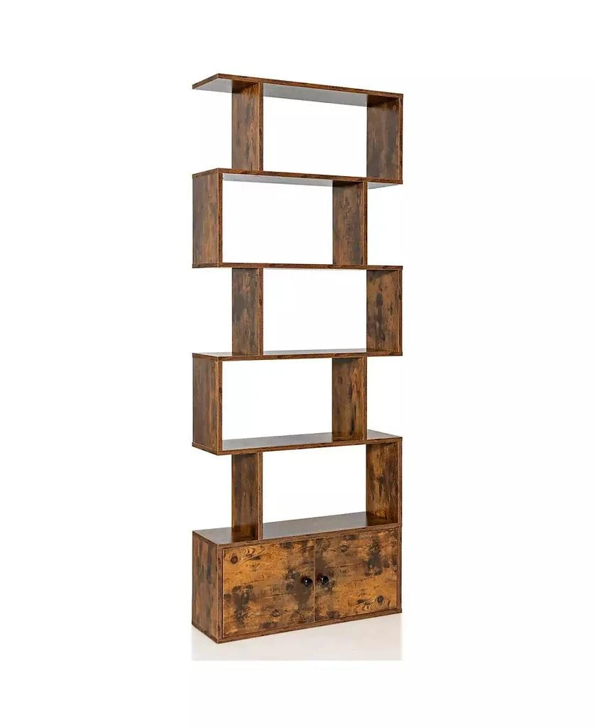 GOUUN 6-Tier S-Shaped Freestanding Bookshelf with Cabinet and Doors