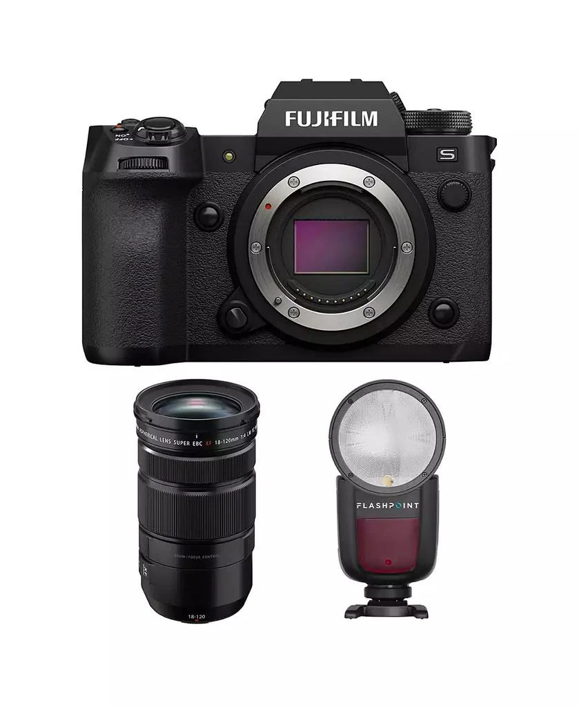 Fujifilm X-H2S Mirrorless Camera with XF 18-120mm f/4 LM PZ WR Lens, Black, Bundle with Zoom Li-on X R2 TTL On-Camera Round Flash Speedlight