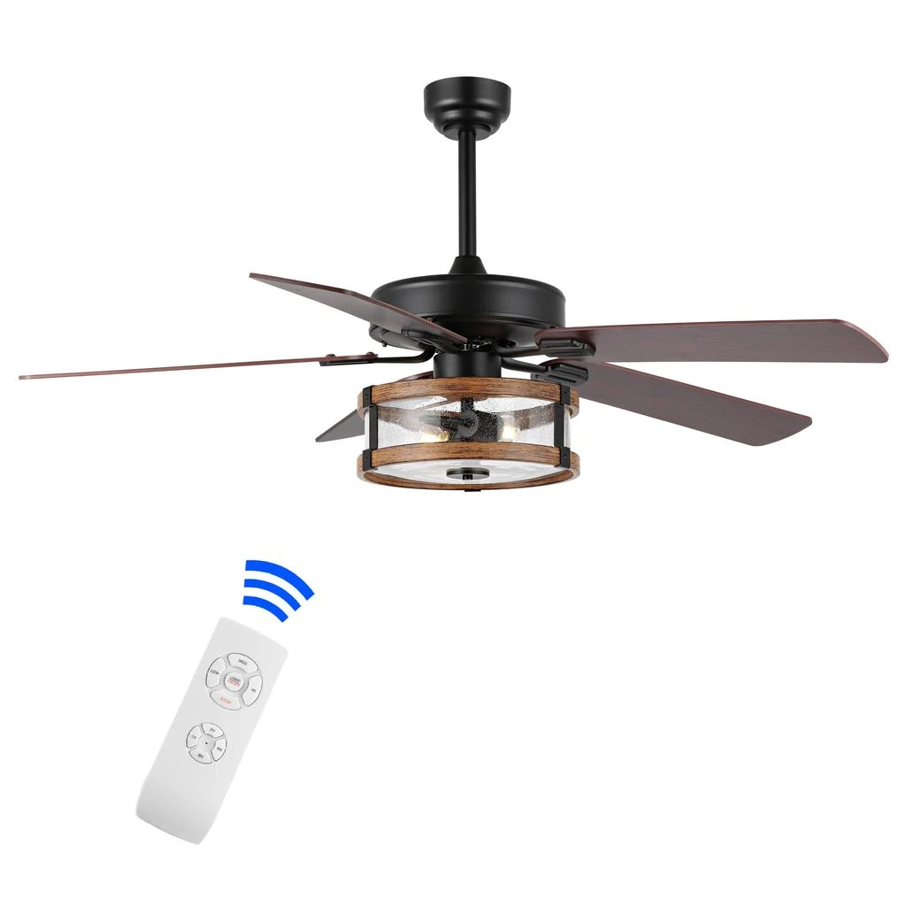 JONATHAN Y Joanna 52" 2-Light Rustic Industrial Iron/Wood/Seeded Glass Mobile-App/Remote-Controlled LED Ceiling Fan 2