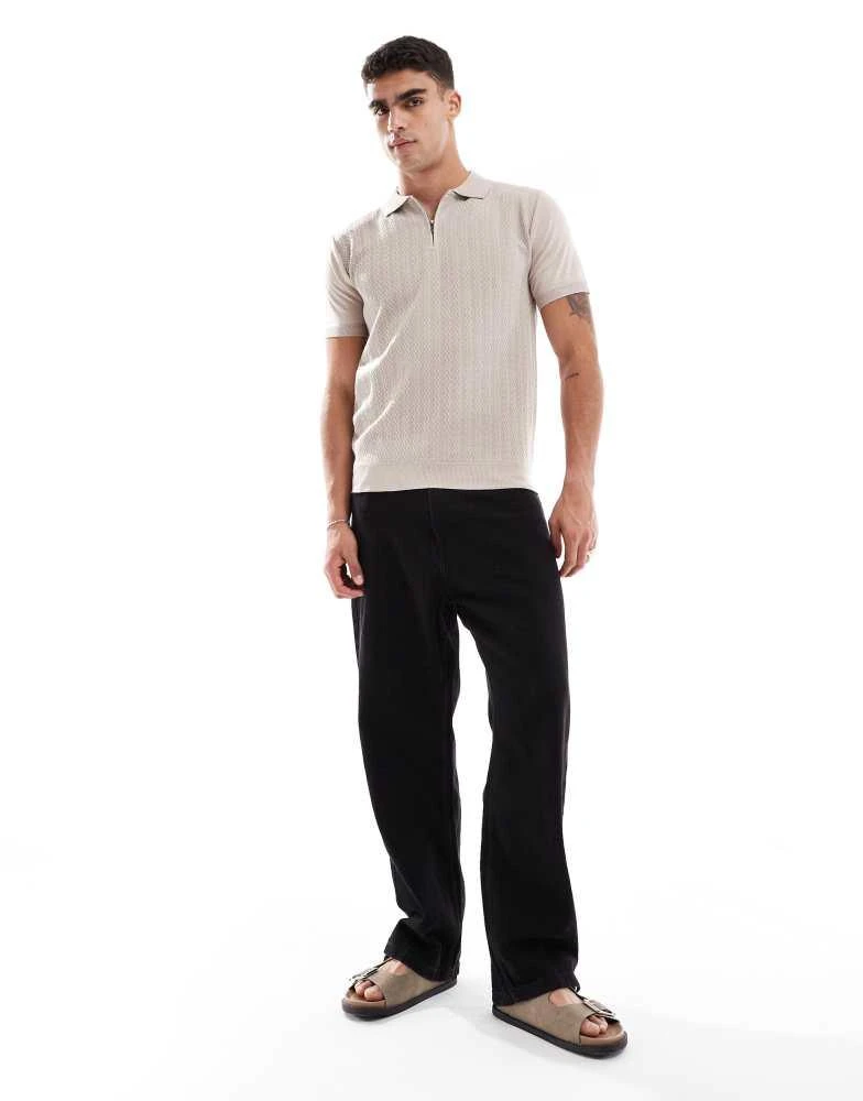 Brave Soul Brave Soul Textured zip neck knitted polo in stone 4