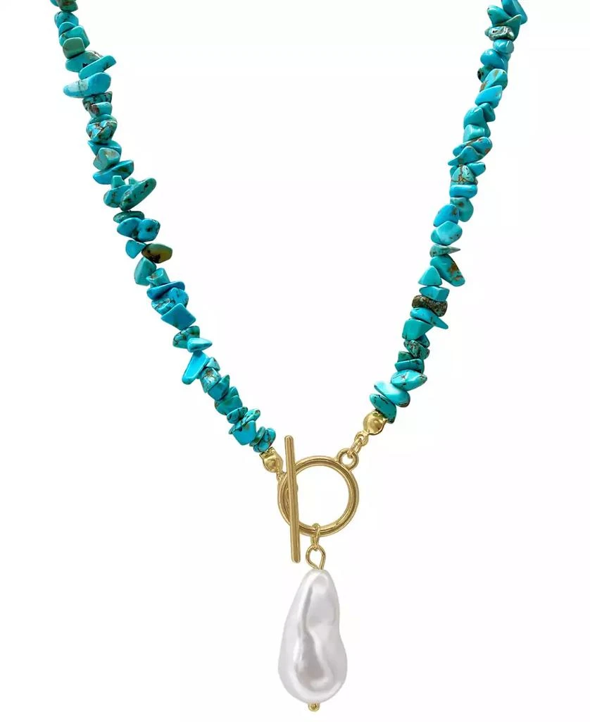 ADORNIA 17" Multi Shape Faux Turquoise Stone Toggle 14K Gold Plated Necklace with Imitation Pearl Pendant 1