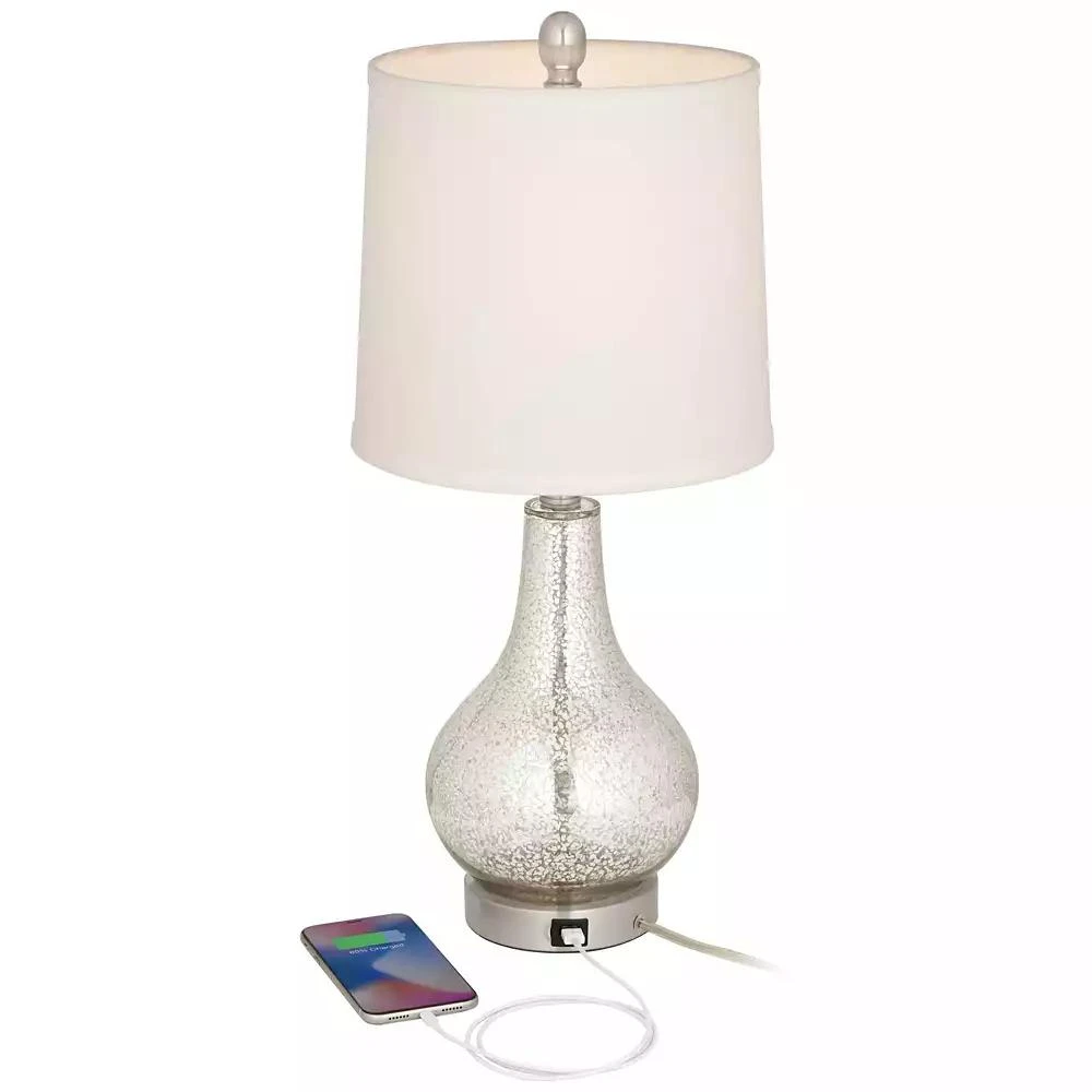 360 Lighting Ledger Modern Accent Table Lamps 21 3/4" High Set of 2 Mercury Glass with USB Charging Port Off-White Drum Shade for Family Office Desk 3