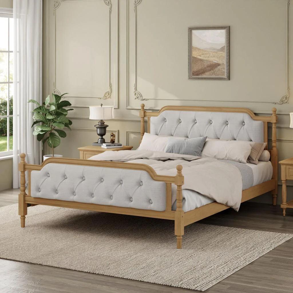 Streamdale Furniture Streamdale Antique Walnut Queen Bed, Tufted Headboard 1