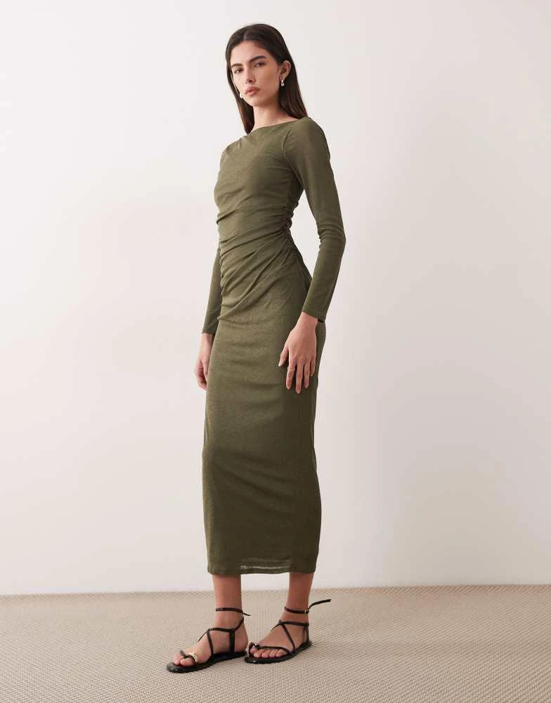 mesh bodycon dress asos ASOS DESIGN cami ruched pearl mesh bodycon midi dress in sage