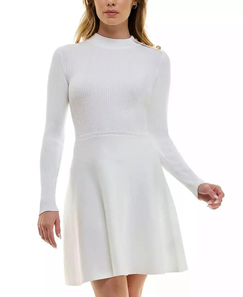 BCX Juniors' Mock-Neck Button-Shoulder Fit Flare Dress Dresses