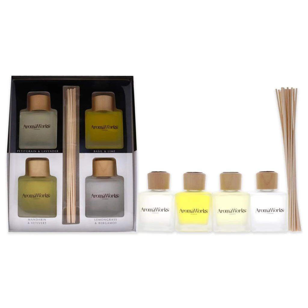 Aromaworks Light Range Reed Diffuser Set by Aromaworks for Unisex - 4 Pc 3.4 oz Petitgrain and Lavender Diffuser, 3.4 oz Basil and Lime Diifuser, 3.4 oz Mandarin and Vetivert Diffuser, 3.4 oz Lemongrass and Bergamot Diffuser 1