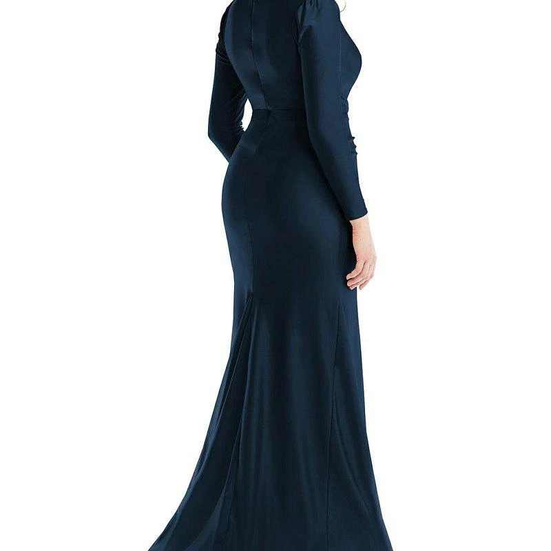 Cynthia & Sahar Long Sleeve Draped Wrap Stretch Satin Mermaid Dress With Slight Train CS102 2
