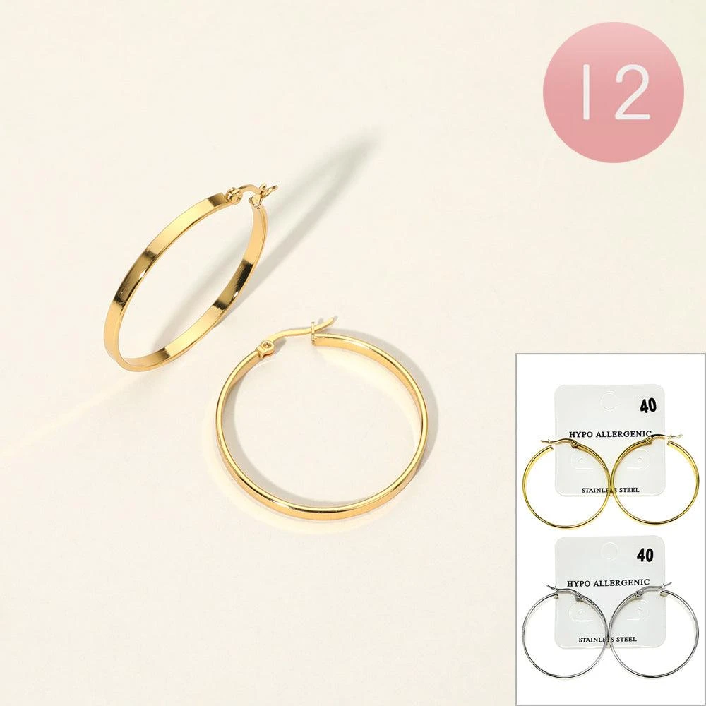 FASHNZFAB 12Pairs - Stainless Steel Pin Catch Hoop Earrings 1.5" L