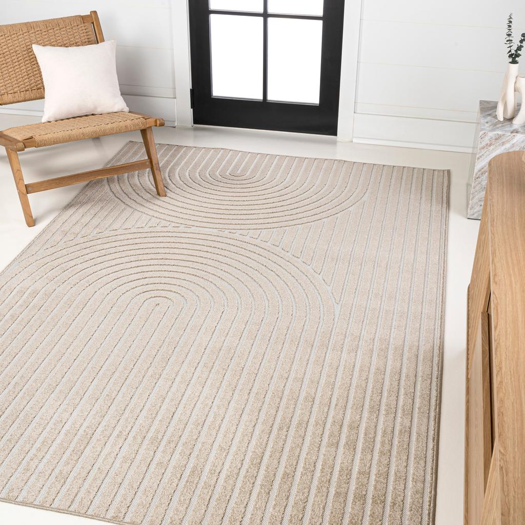 JONATHAN Y Sofia High-Low MidCentury Modern Arch Stripe Two-Tone Beige/Cream Runner Rug