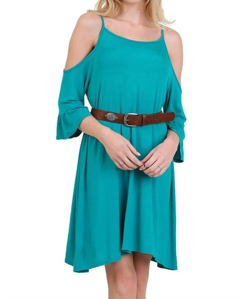 umgee Open Shoulder Ruffle Sleeve Dress In Jade 1