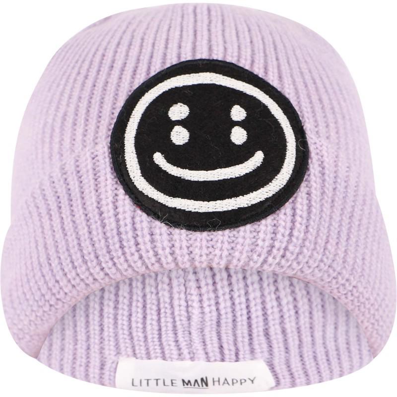 Little Man Happy Appliqued smile ribbed winter beanie in lavender