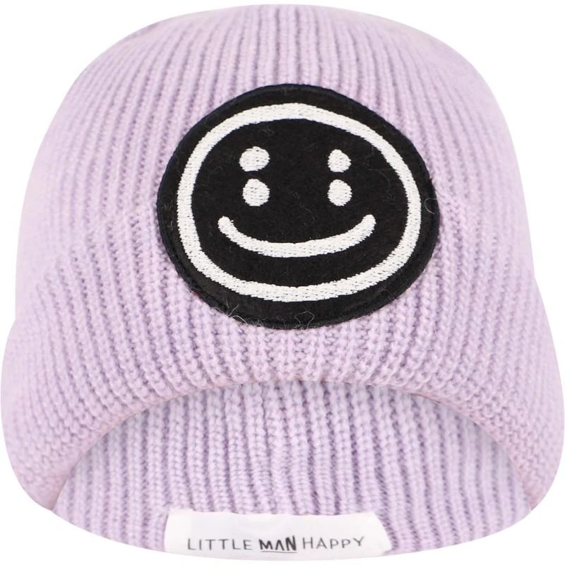 Little Man Happy Appliqued smile ribbed winter beanie in lavender 2