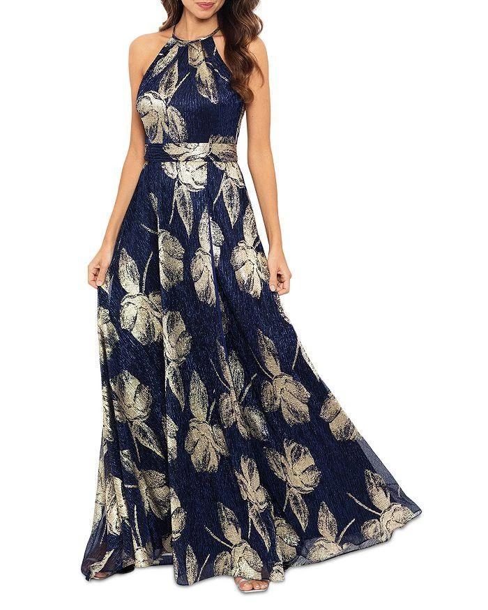 AQUA Floral Print Foil Halter Gown - Exclusive 1