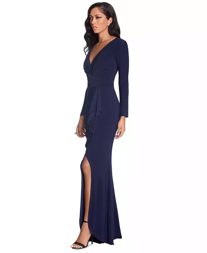 Betsy & Adam Betsy & Adam Women's Long-Sleeve Cascading-Ruffle Gown
