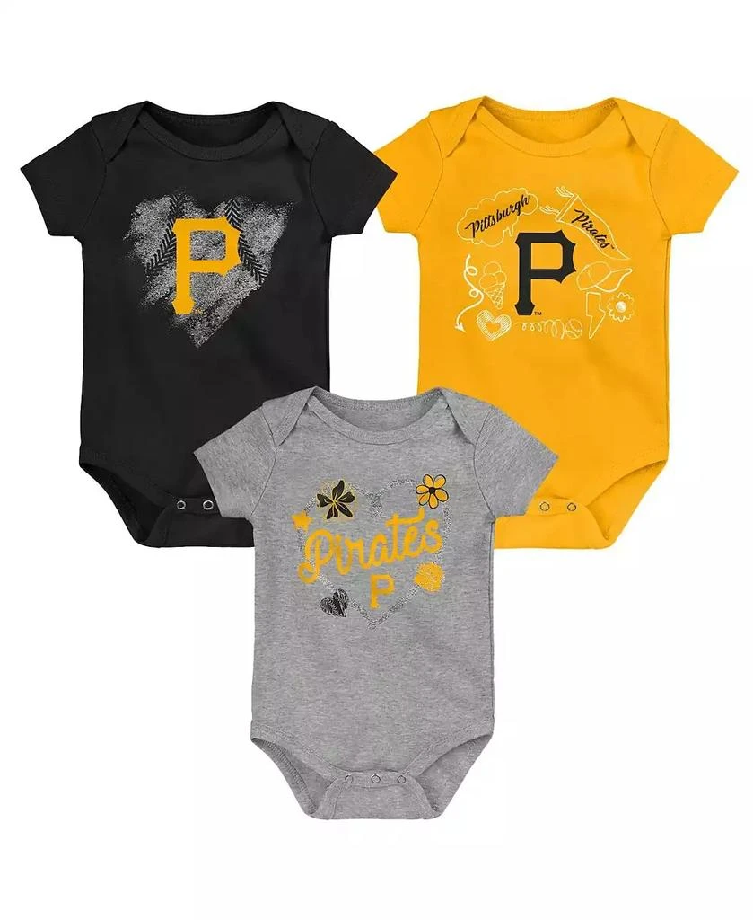Outerstuff Girls Newborn and Infant Black, Gold, Heathered Gray Pittsburgh Pirates 3-Pack Batter Up Bodysuit Set 2
