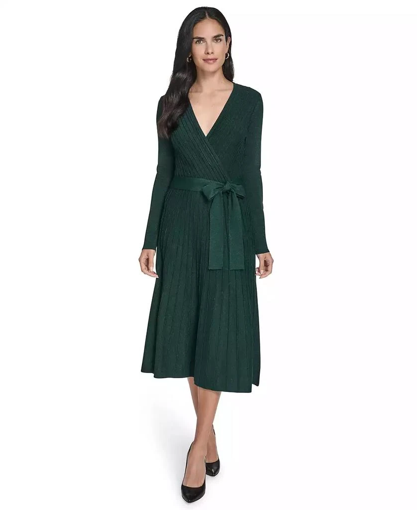 knee length dresses for ladies Fit & Flare Raised Linear Stitch Midi Dress Dark Ivy/Black / XXL
