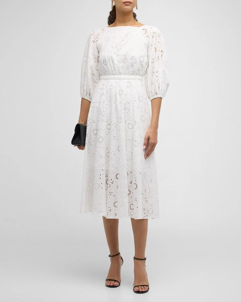 Carolina Herrera Shirred Puff-Sleeve Broderie Anglaise Midi Dress 1