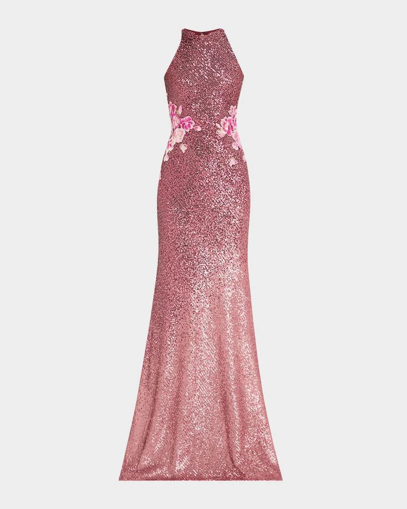 Naeem Khan Floral Embroidered Ombre Sequin Halter Gown 1