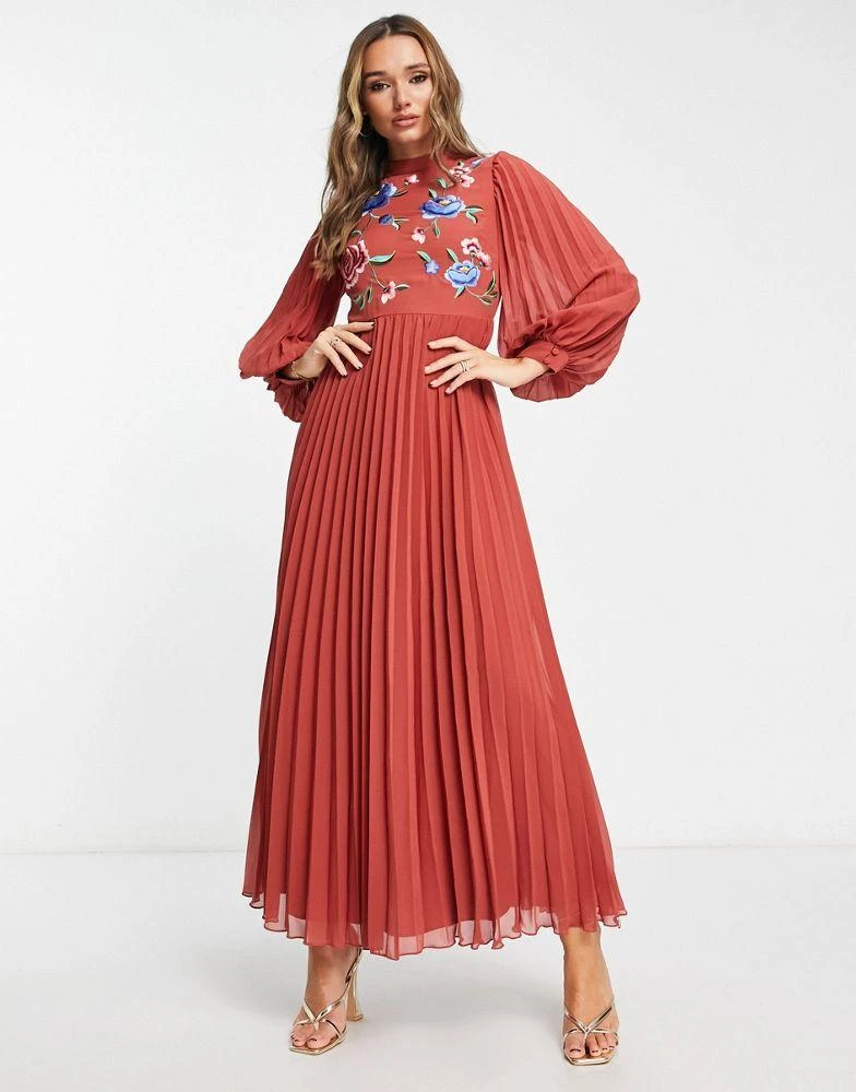 ASOS DESIGN ASOS DESIGN high neck pleated embroidery maxi dress in rust 4