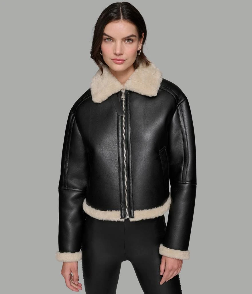 Karl Lagerfeld Paris CROPPED FAUX LEATHER JACKET WITH FAUX SHEARLING 3