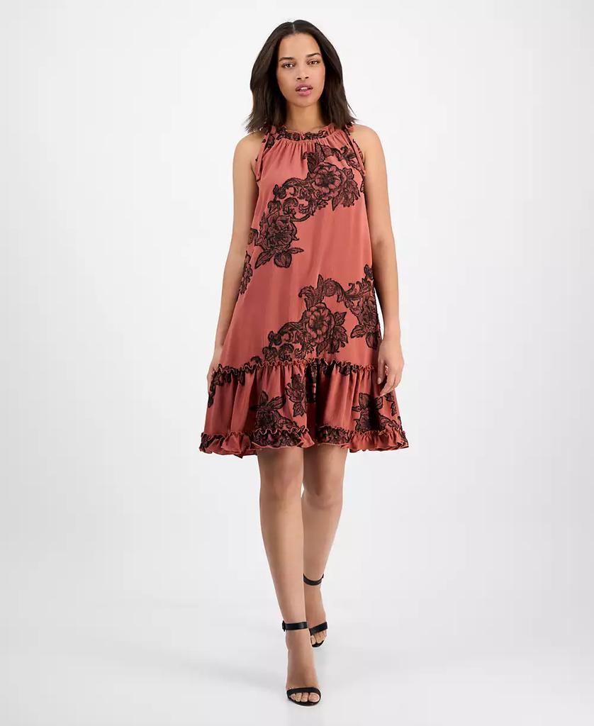 Robbie Bee Women's Printed Ruffle-Neck Sleeveless Mini Dress