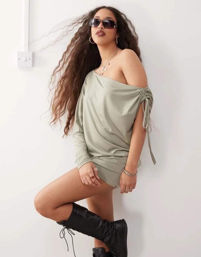 Monki Monki long sleeve draped mini dress in khaki 1