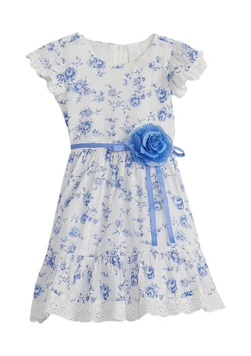 Rare Editions Editions Girls 4 6X Printed Clip Dot Dress With Eyelet Trimming