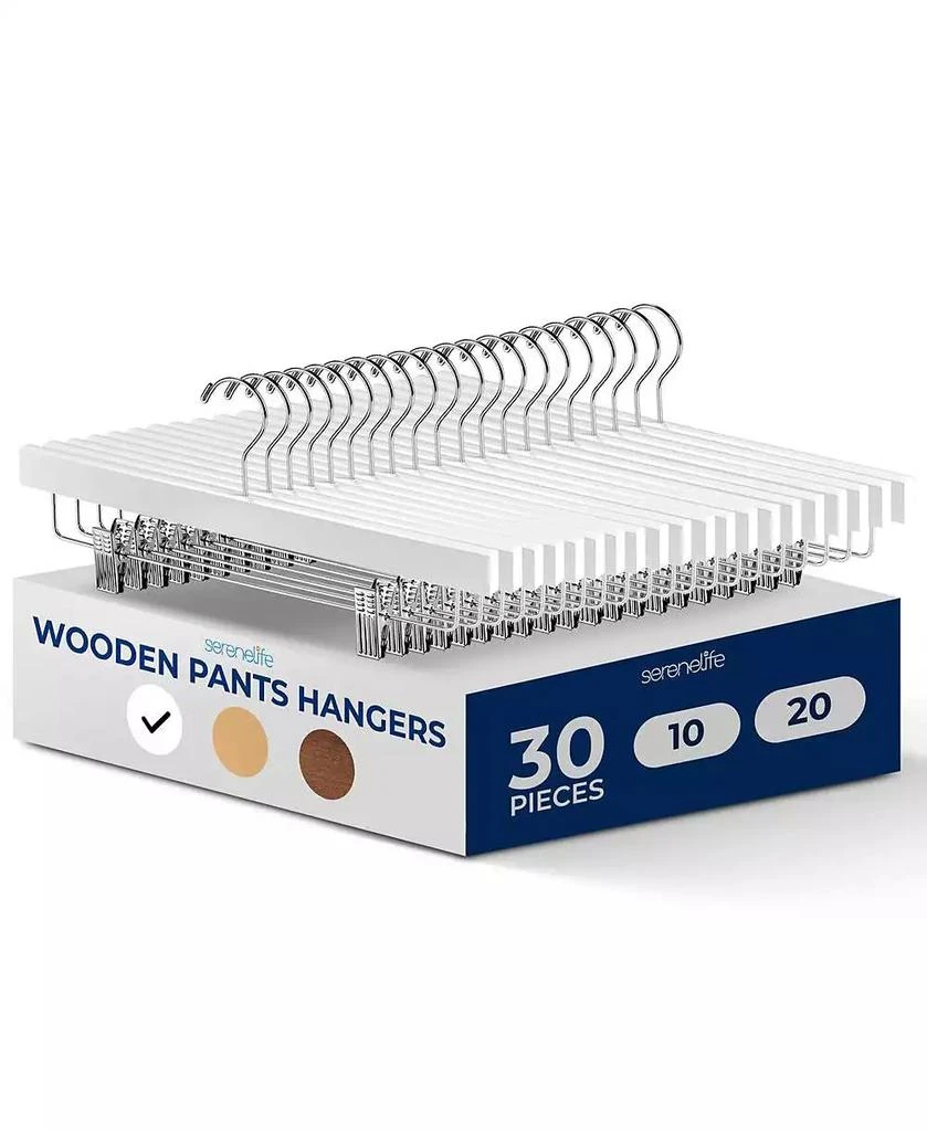 SereneLife 30 Pcs. Premium Wooden Pants Hangers - Heavy Duty Hanger Set with Chrome 360° Swivel Hook (White