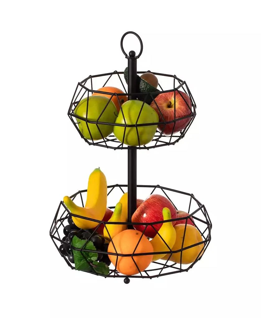 Basicwise 2 Tier Free Standing Countertop Fruit Basket for Kitchen | Detachable Carbon Steel Stable Fruit Storage Organizer for Breads, Snacks, and Vegetable, Black