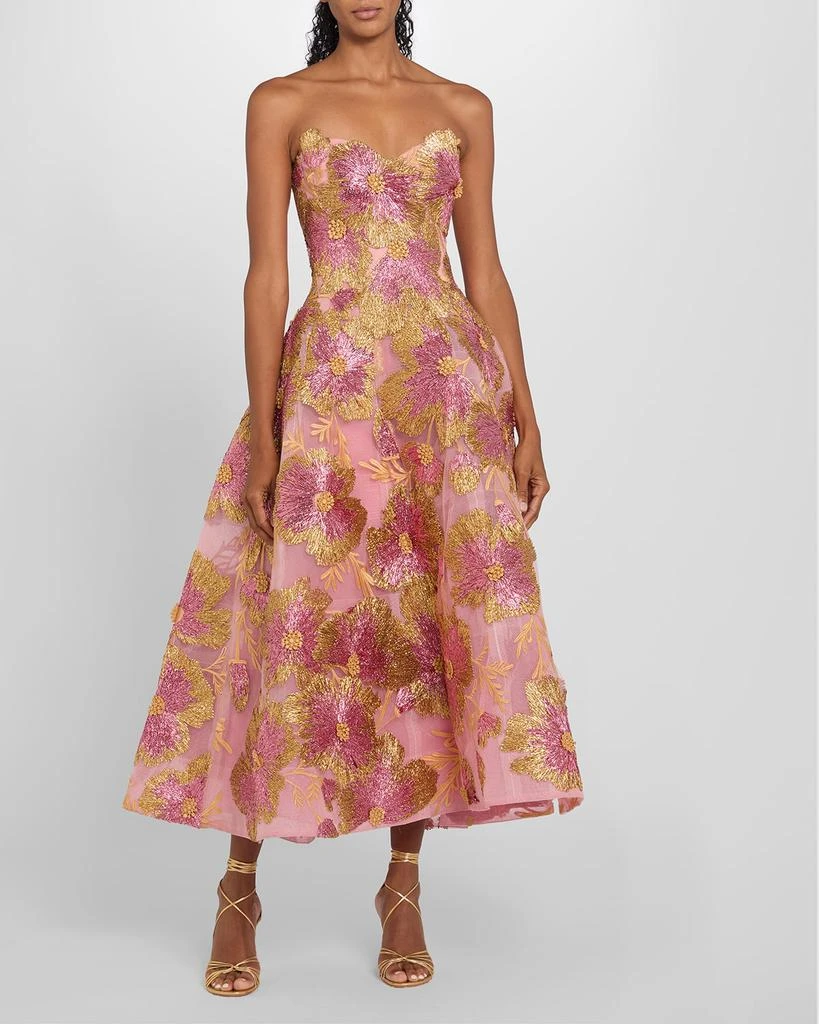 Monique Lhuillier Strapless Metallic Floral Embroidered Tulle Tea-Length Dress 4