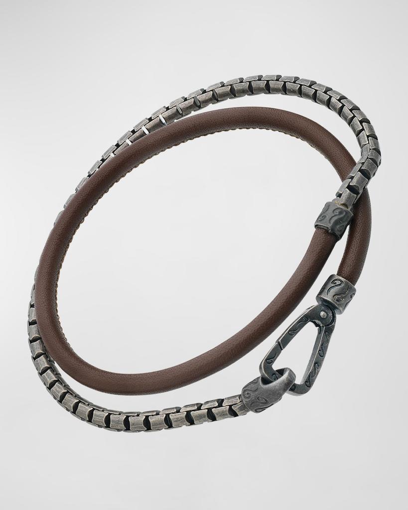 Marco Dal Maso Men's Double Mix Brown Smooth Leather and Oxidized Silver Chain Bracelet