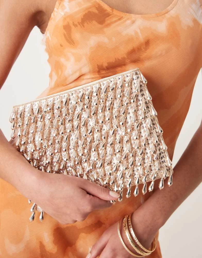 ASOS ASOS DESIGN zip top clutch bag in all over beads in rose gold 4