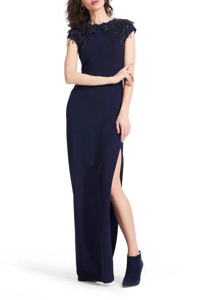 EMILY SHALANT Emily Shalant - Beaded Fringed Sleeves Side Open Slit Long Gown