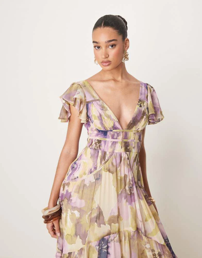ASOS ASOS DESIGN flutter sleeve ruched maxi dress with hi low hem in blurred floral 4