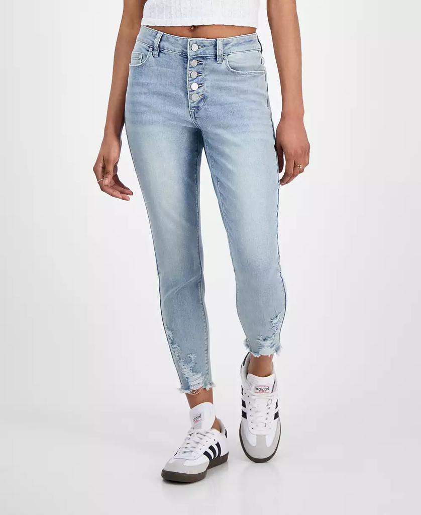 Indigo Rein Juniors' Mid Rise Button Fly Distressed Cropped Curvy Jeans